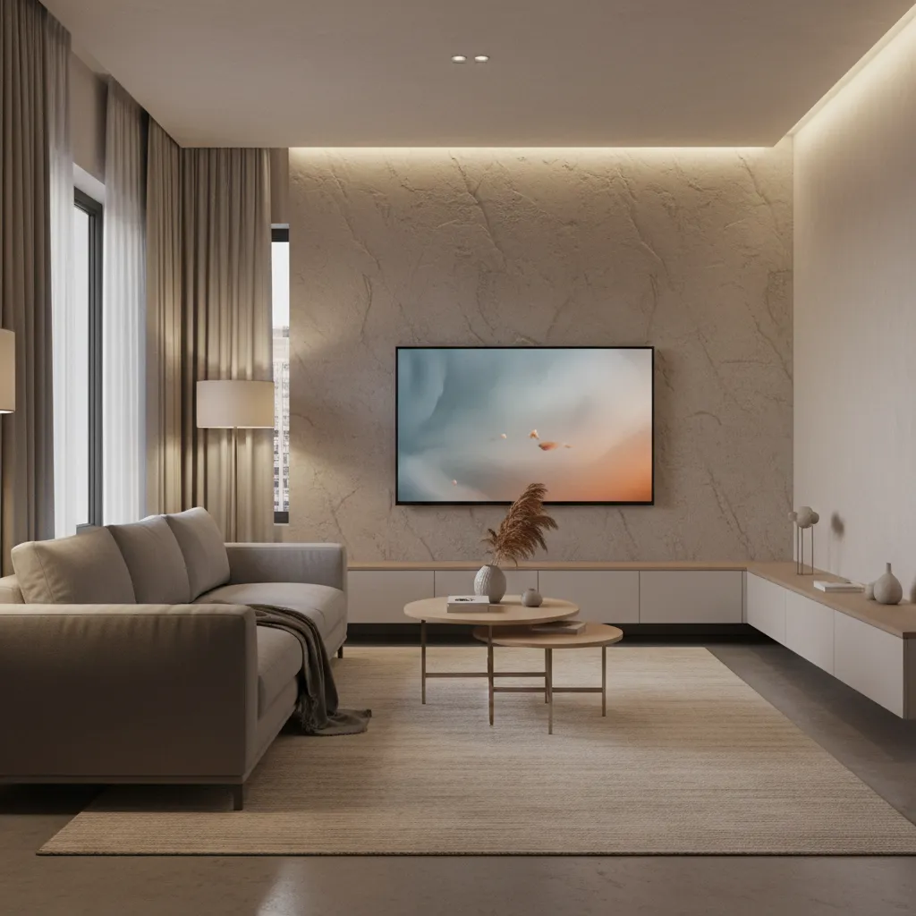 Compact living room with large wall mounted TV and balanced ambient lighting