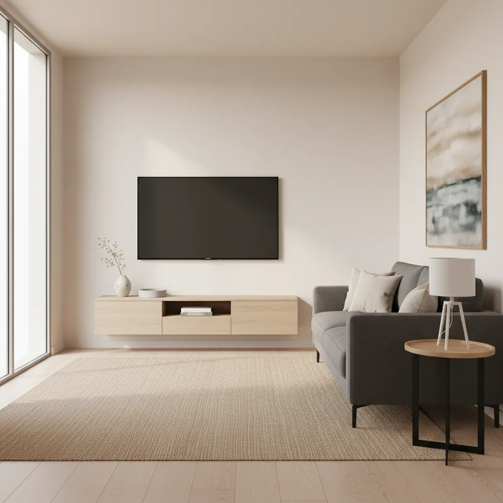 Small apartment living room with wall mounted 65 inch TV and compact sofa