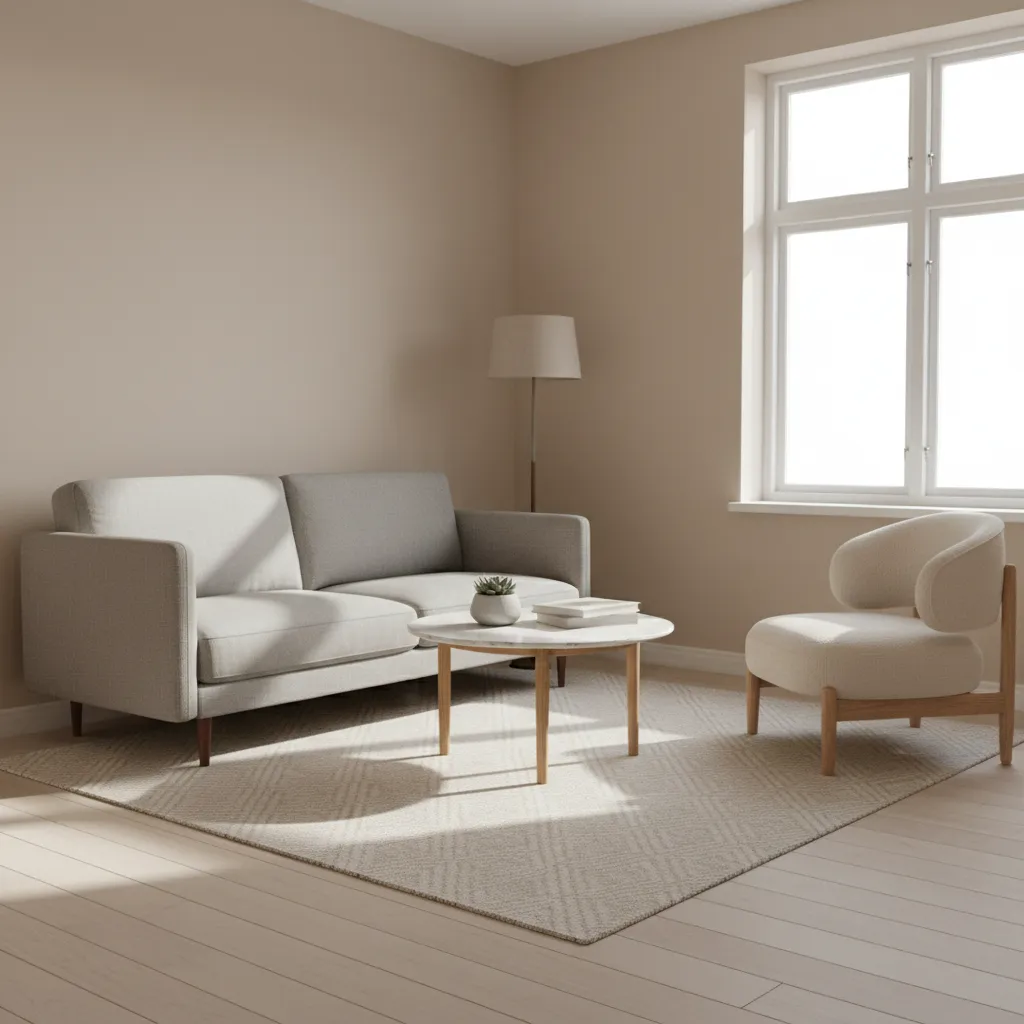 Small living room with accent chair placed diagonally in corner near sofa
