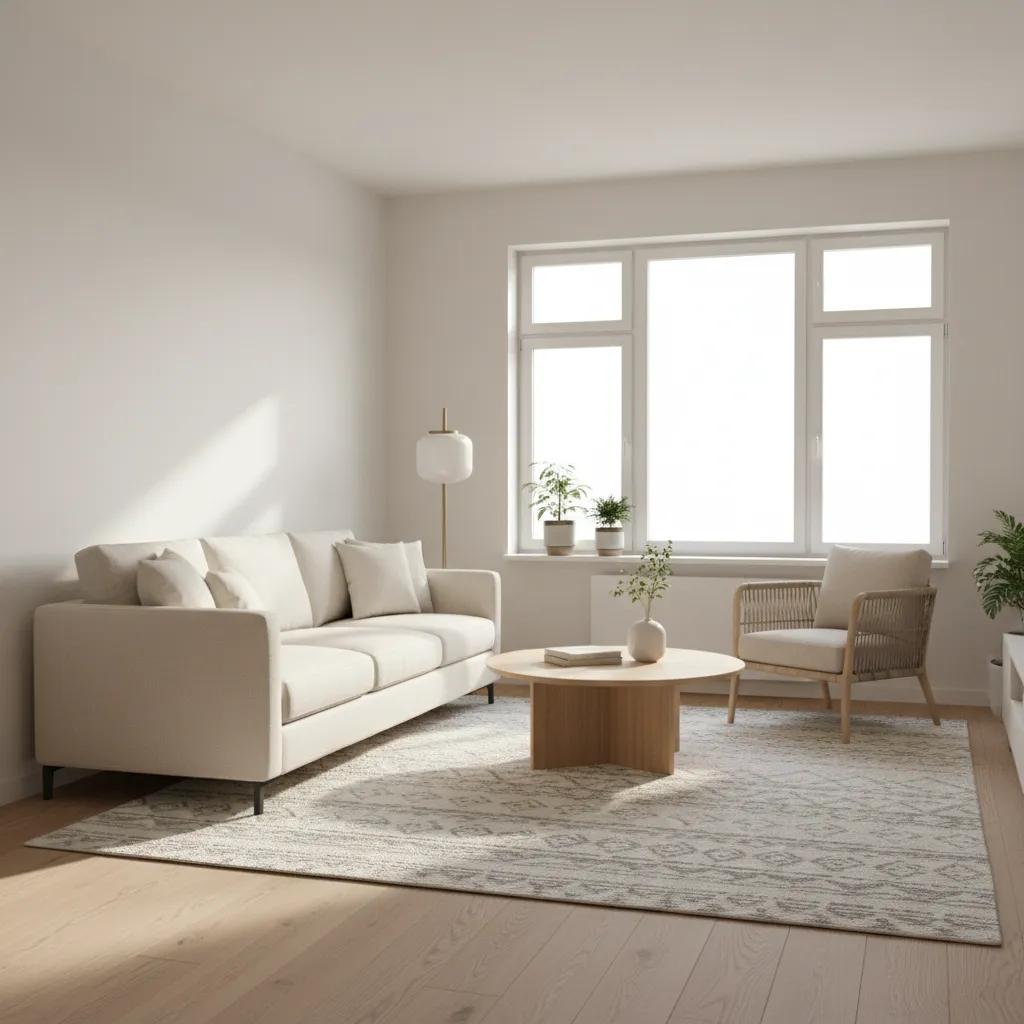 small living room layout with sofa and accent chair showing balanced furniture spacing