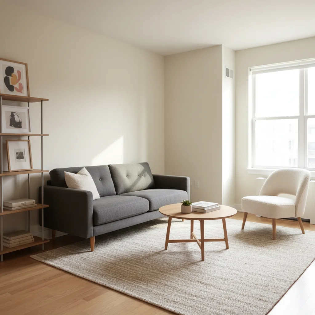 compact living room layout with sofa and accent chair
