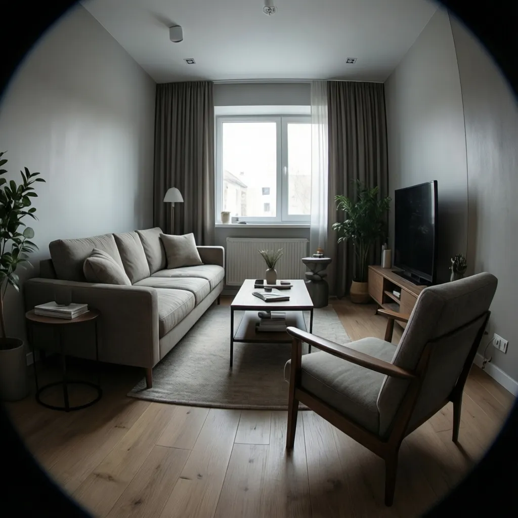 compact living room layout with sofa and accent chair arranged for conversation