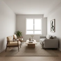 Modern living room with two tan armchairs facing a grey sofa and wooden coffee table