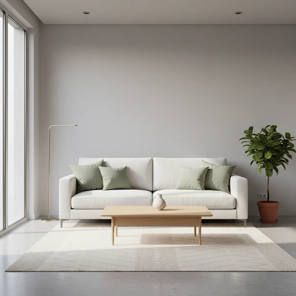 White couch styled with sage green and wood accents in a small living room