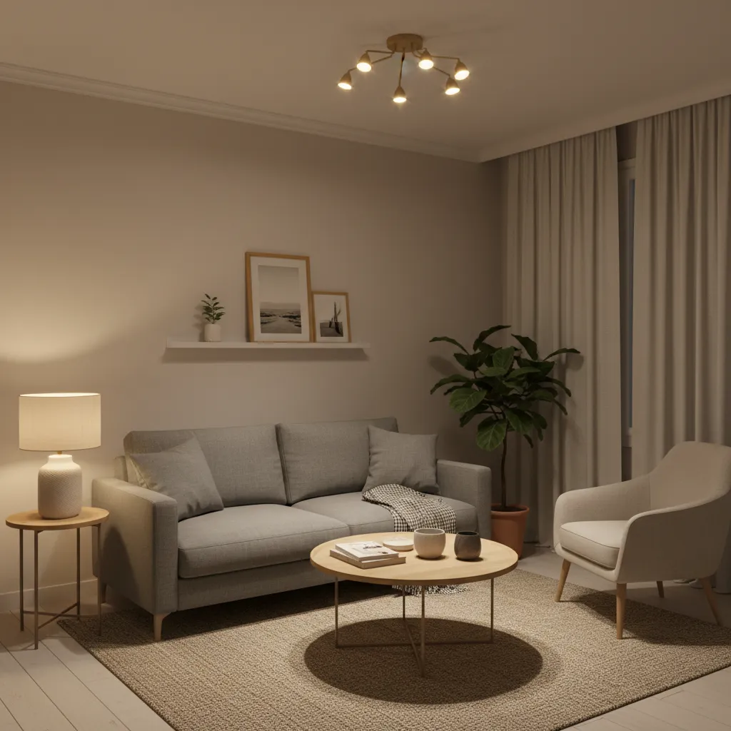 Small apartment living room with layered accent lighting