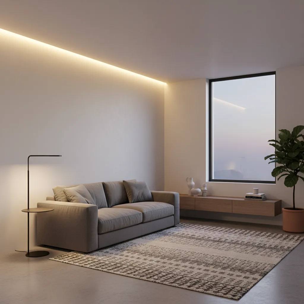 small living room with layered lighting including table lamp and ambient light