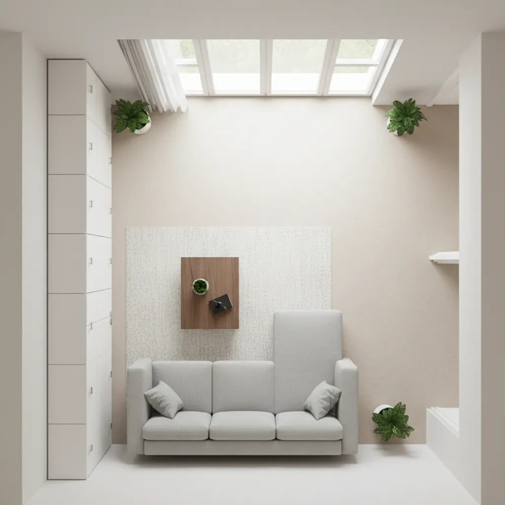 living room layout showing hall cupboard placement and walking space