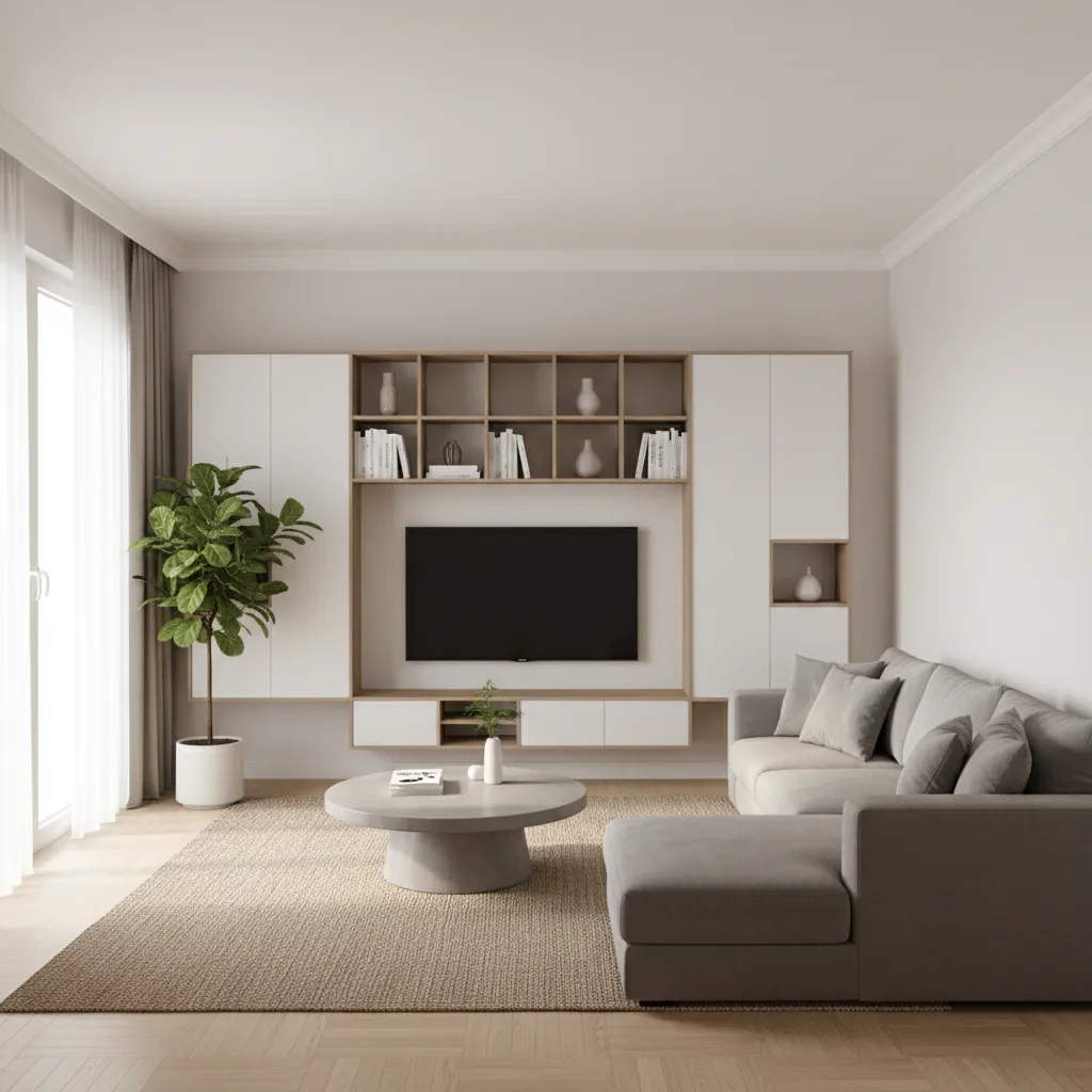 3D visualization of small living room layout with wall mounted storage placement