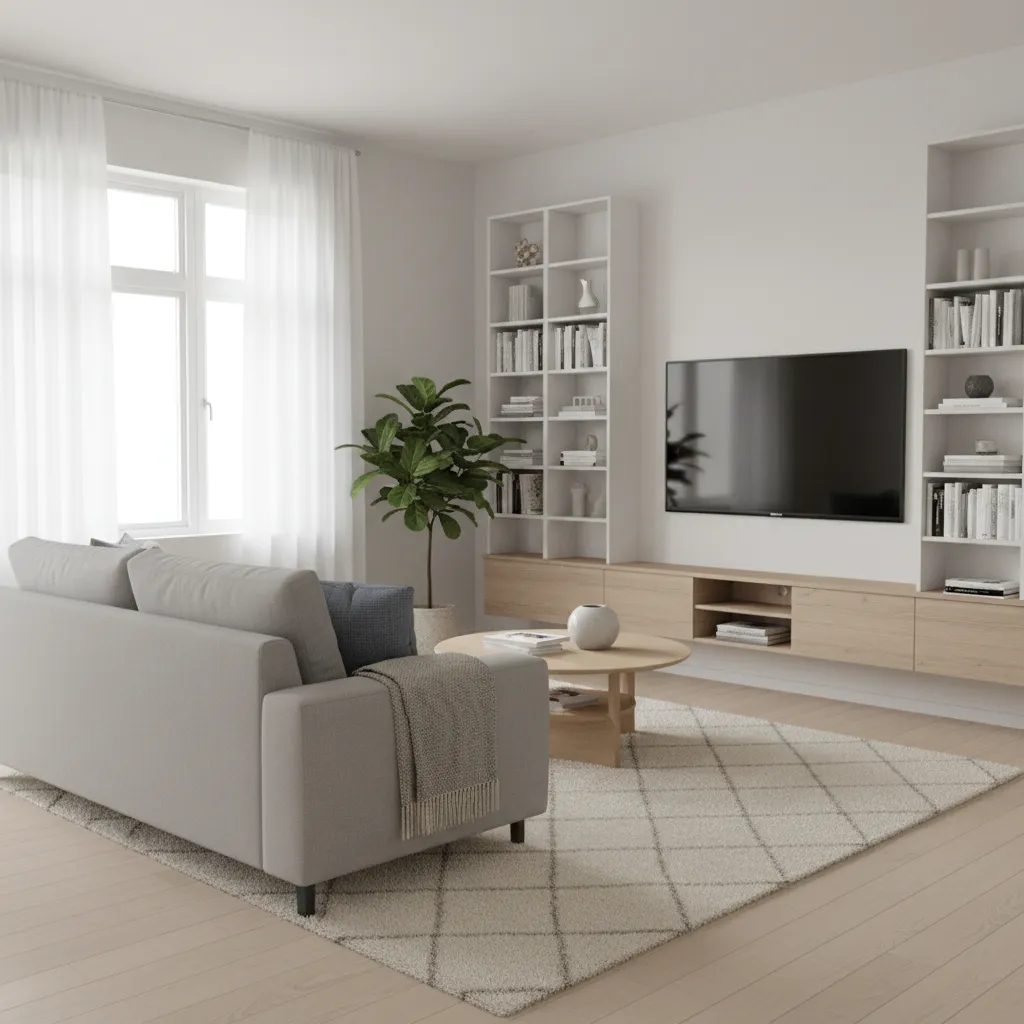 small apartment living room with sofa angled toward TV and window