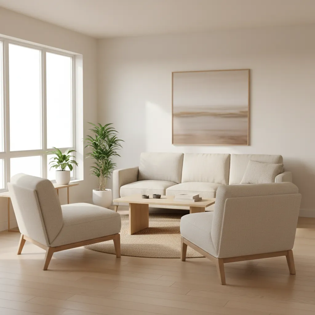 small apartment living room with compact armless chairs beside sofa