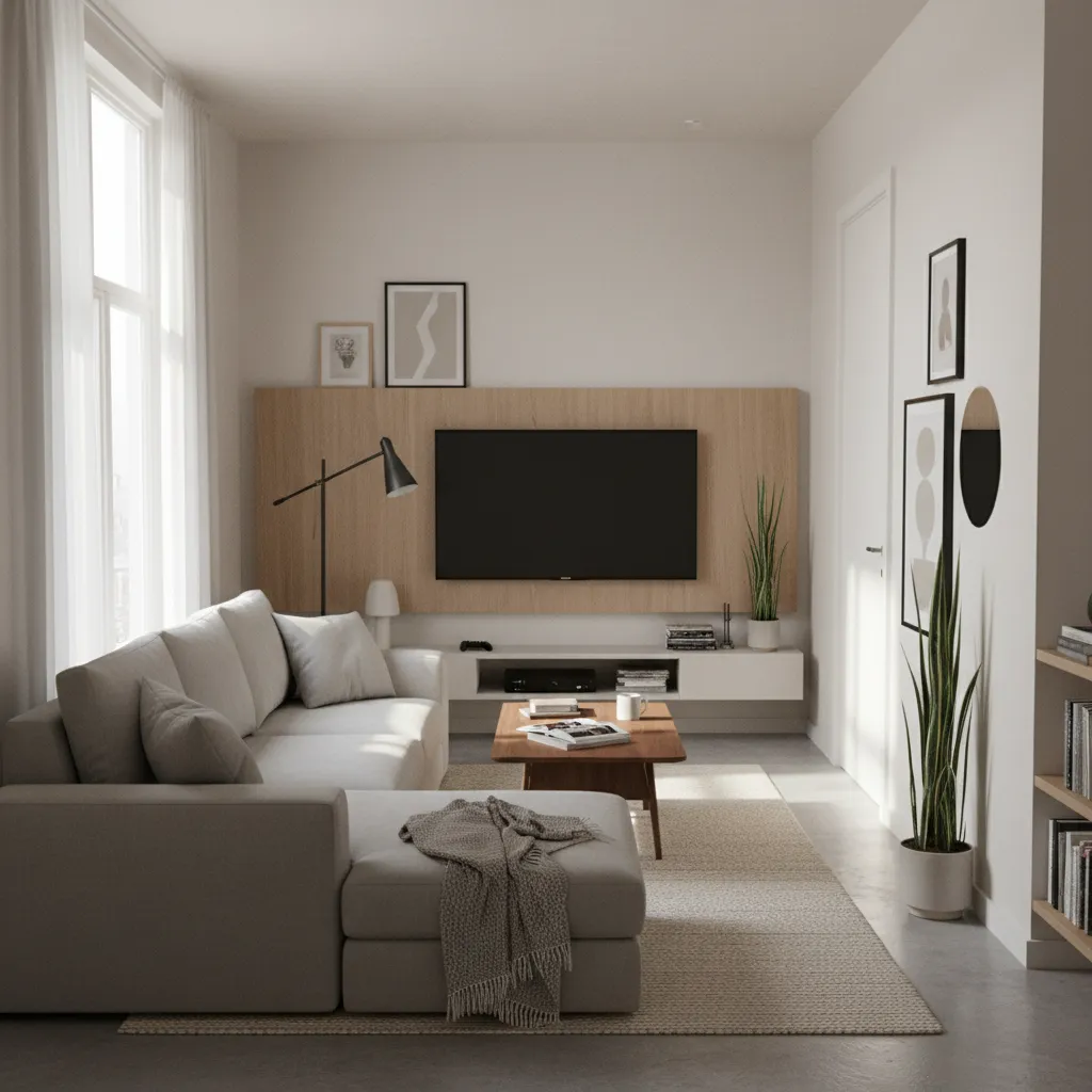 Cramped small living room with poor furniture placement blocking walkways