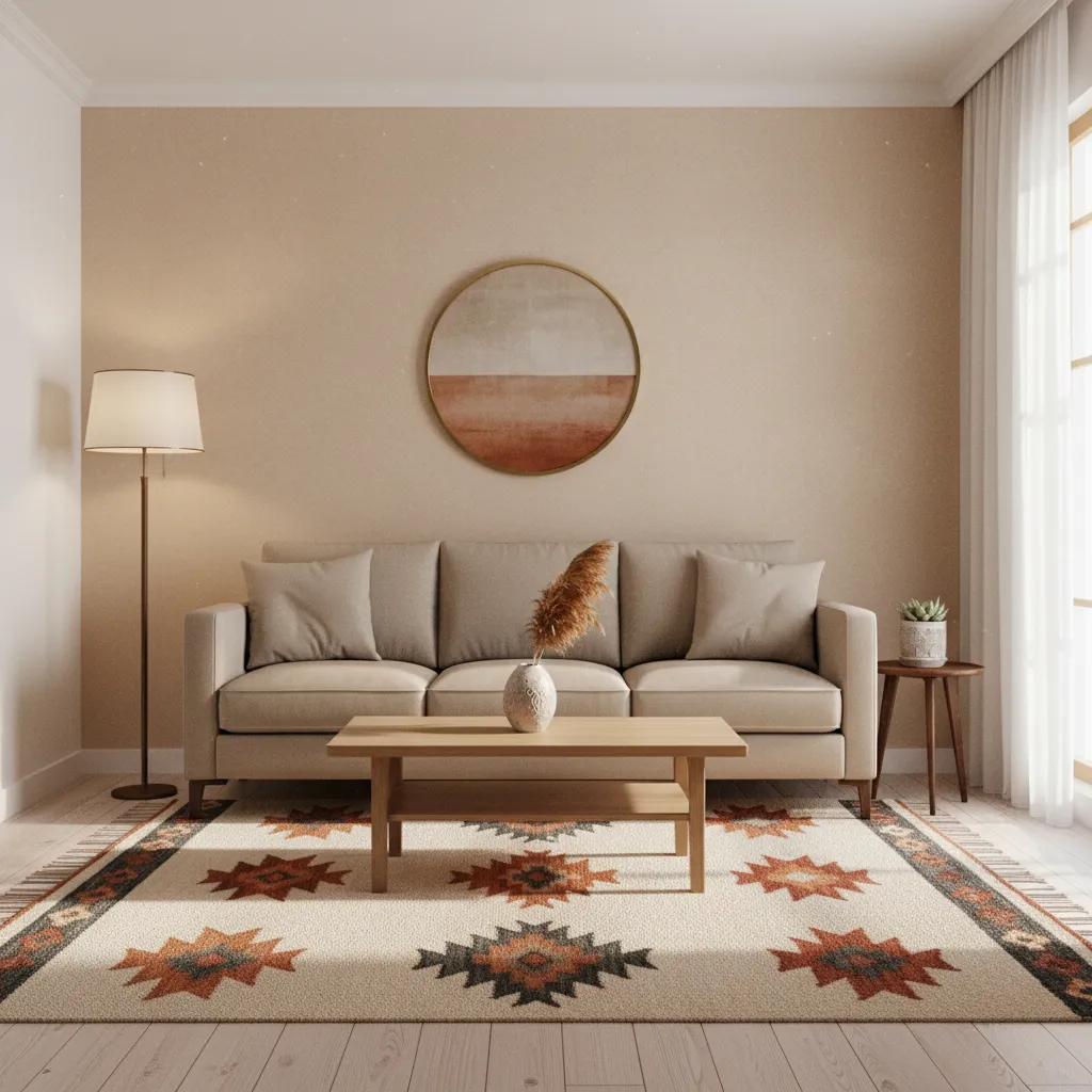 Small living room with a single Aztec rug and neutral furniture