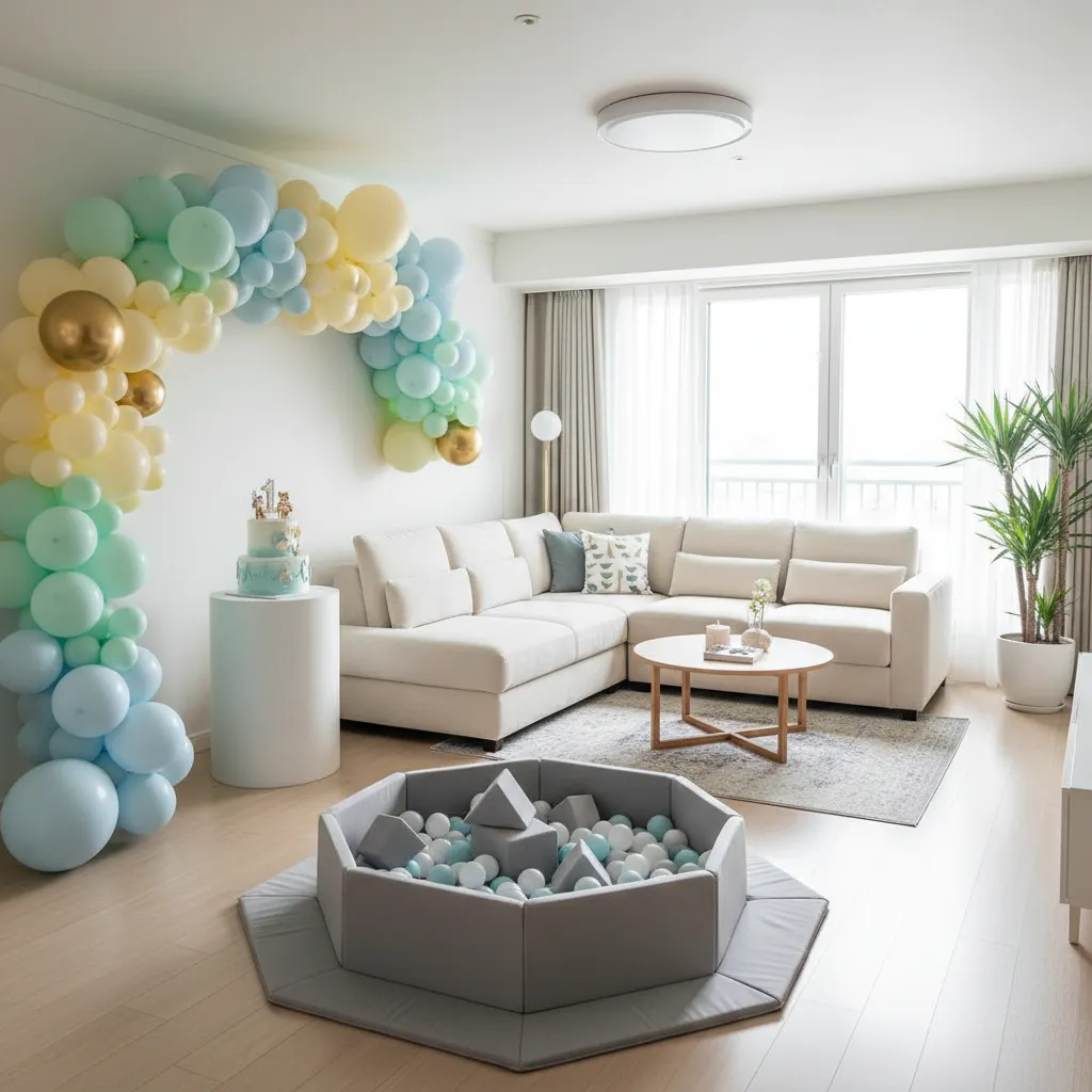 small living room arranged for baby birthday party with decoration wall and play area