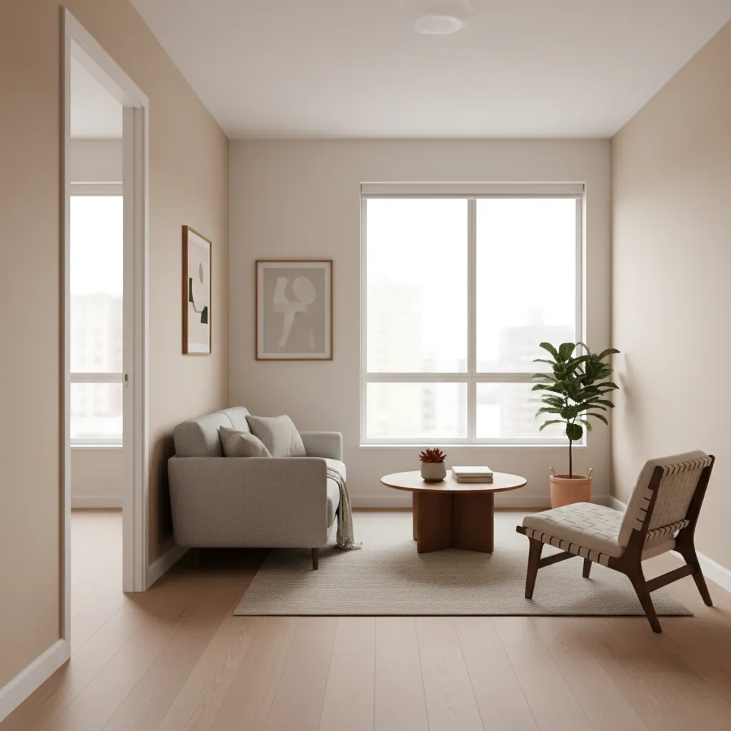 Small living room with balanced seating layout and open walkway space