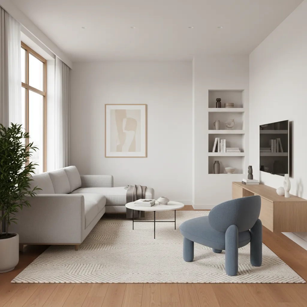 Balanced small living room layout with sofa, chair and central rug