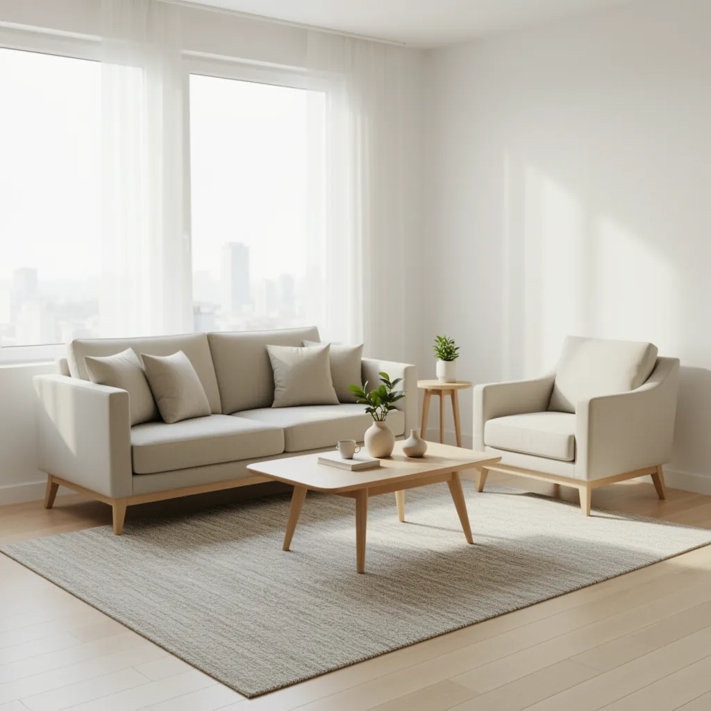 Small living room with sofa and two chairs arranged around a rug