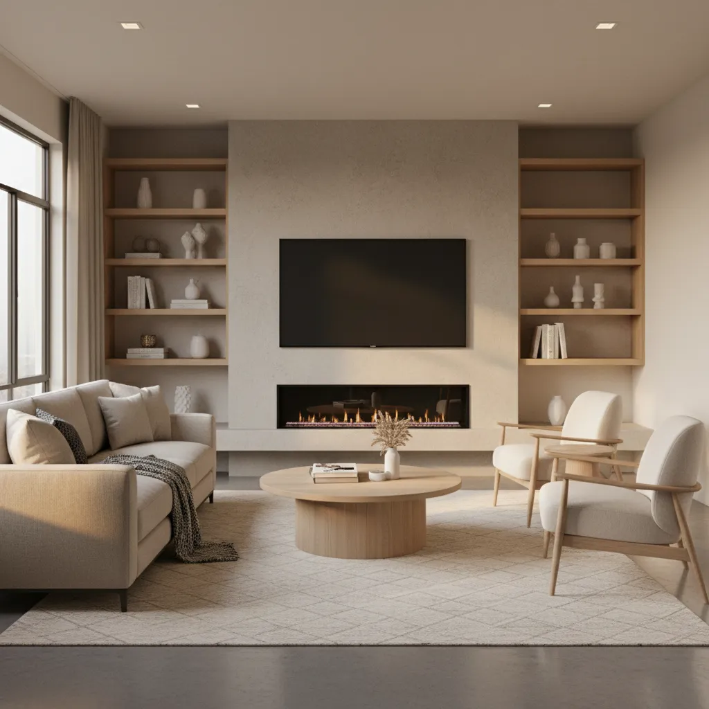 Balanced seating arrangement in small living room with fireplace and TV