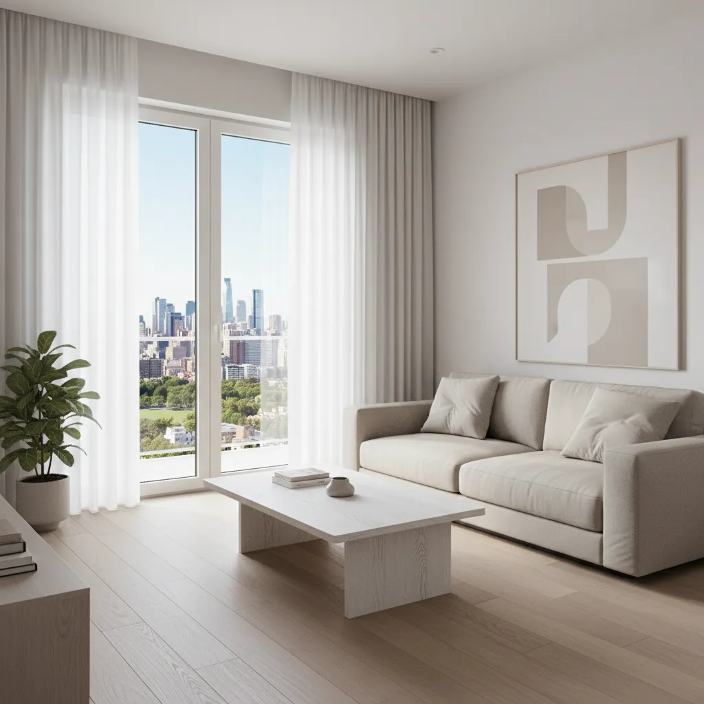 Small living room with low profile sofa and balcony view