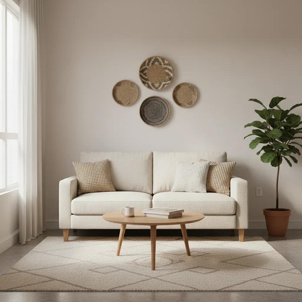 Minimalist living room with white sofa wooden coffee table potted plant and woven wall decor