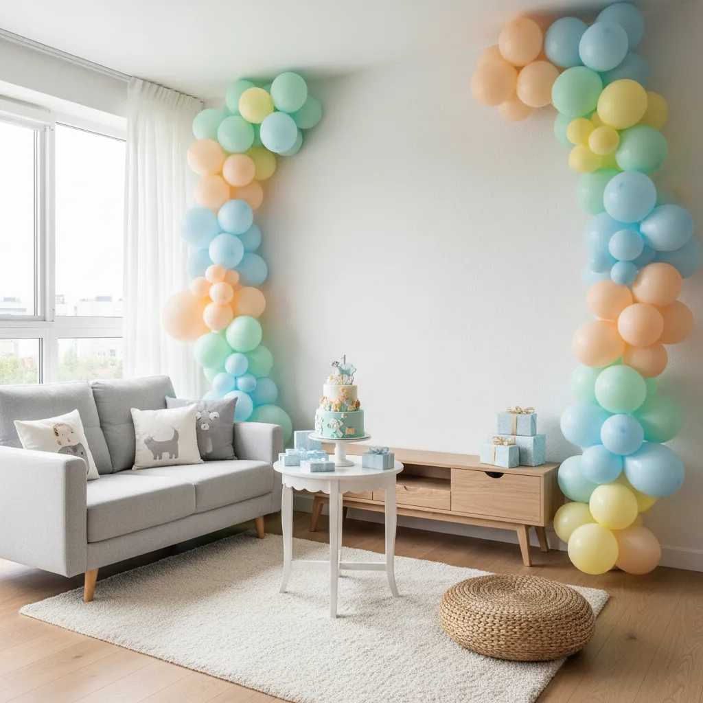 small apartment decorated for baby birthday with vertical balloon garlands
