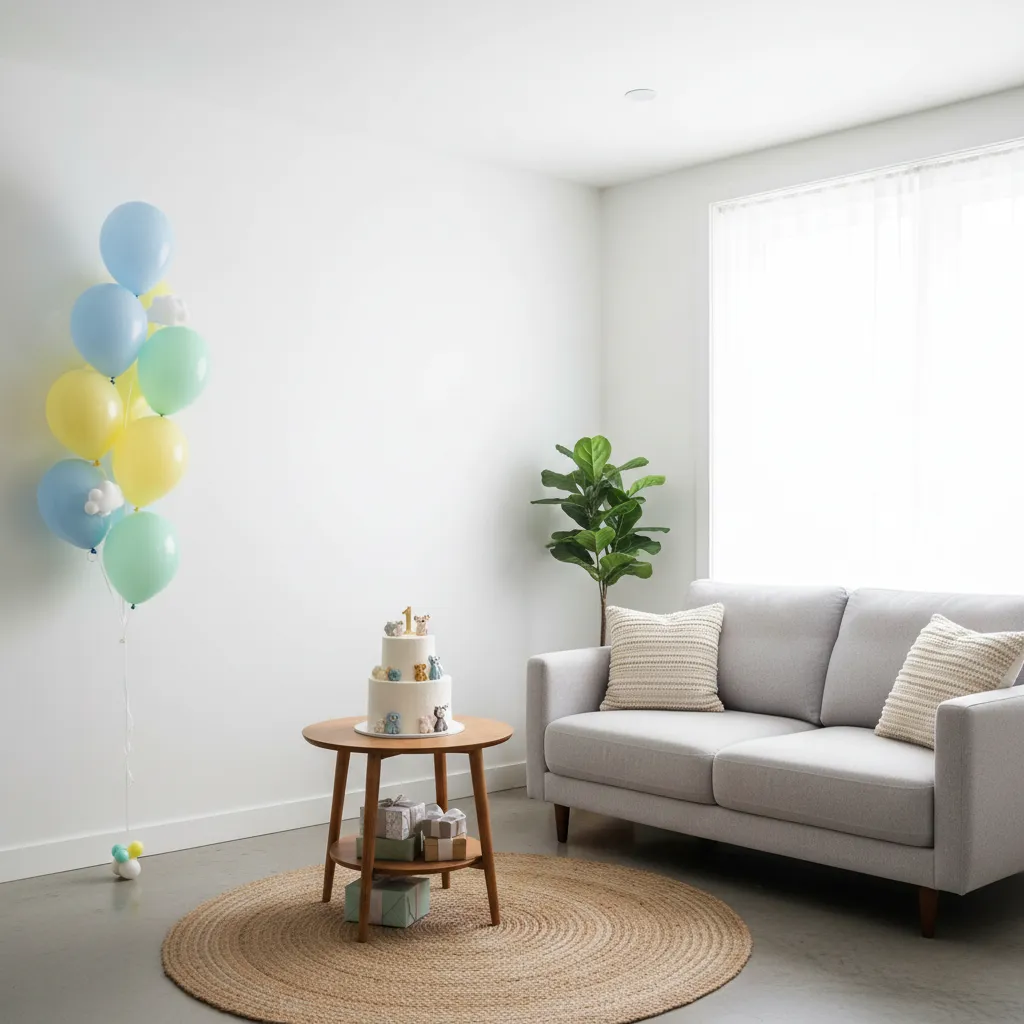 small apartment baby birthday decoration with vertical balloon setup
