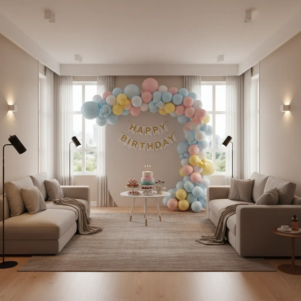 Small living room arranged for a teen birthday party with decorated photo wall