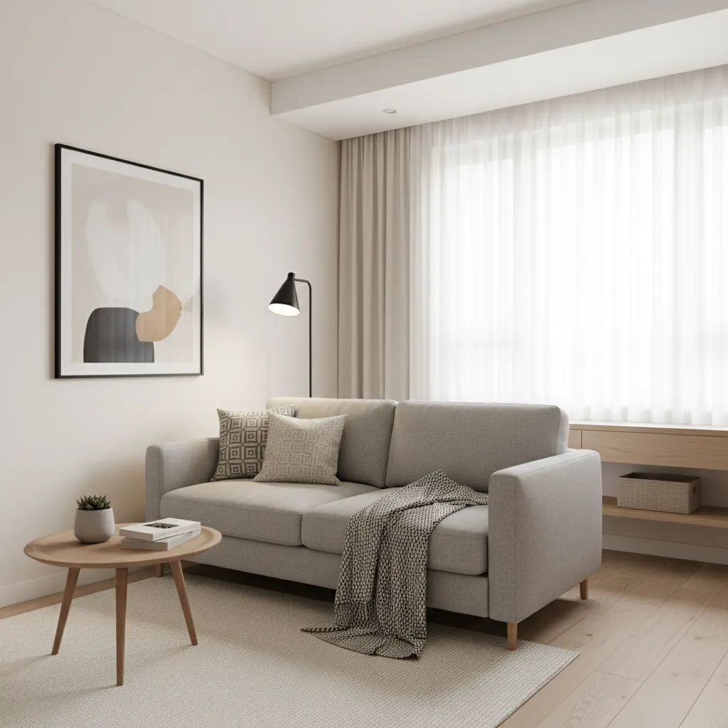 compact living room with neatly folded throw blankets on sofa