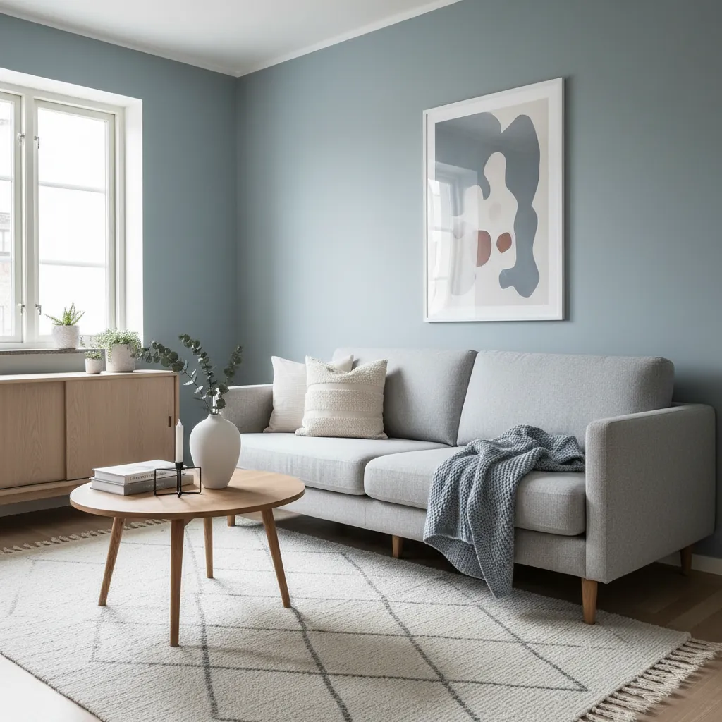 Compact living room painted in airy blue gray creating visual depth