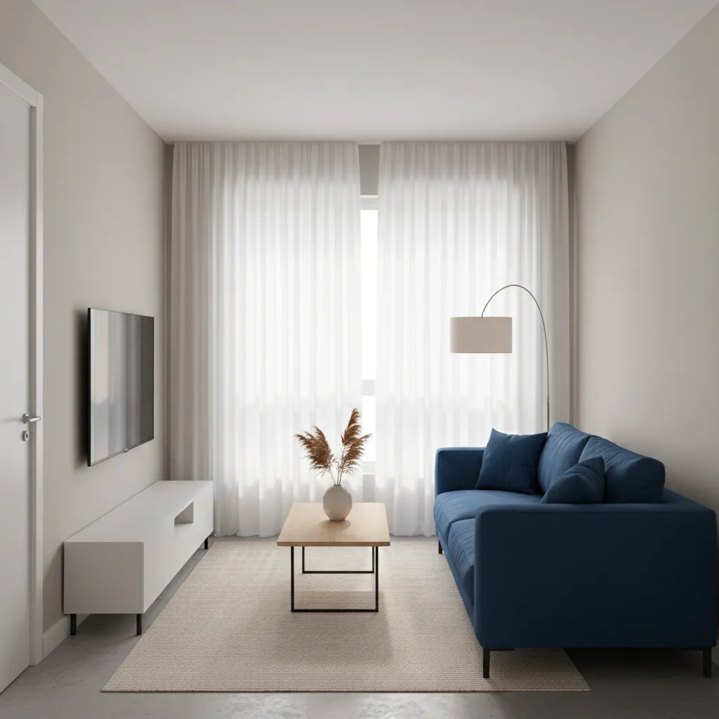 Small apartment living room with blue sofa and minimal decor