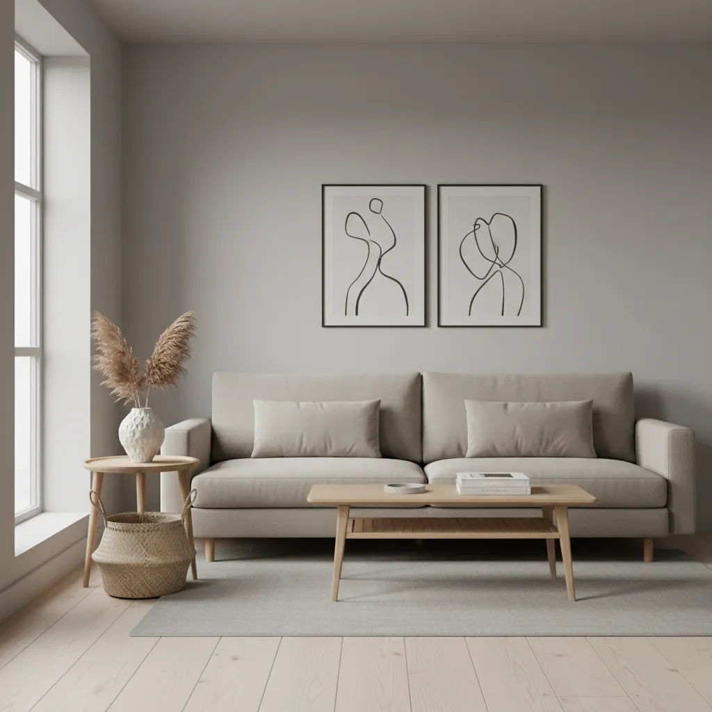 Small living room layout using neutral sofa basket vase and minimalist decor
