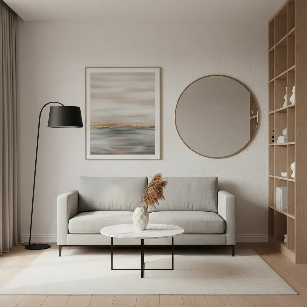 small living room styled with large wall art mirror and floor lamp