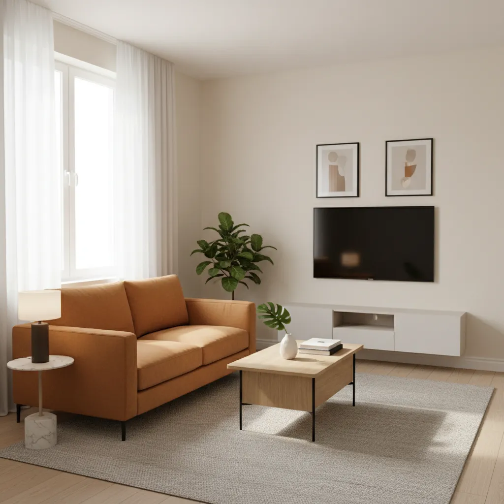 Small living room layout featuring camel sofa and light decor