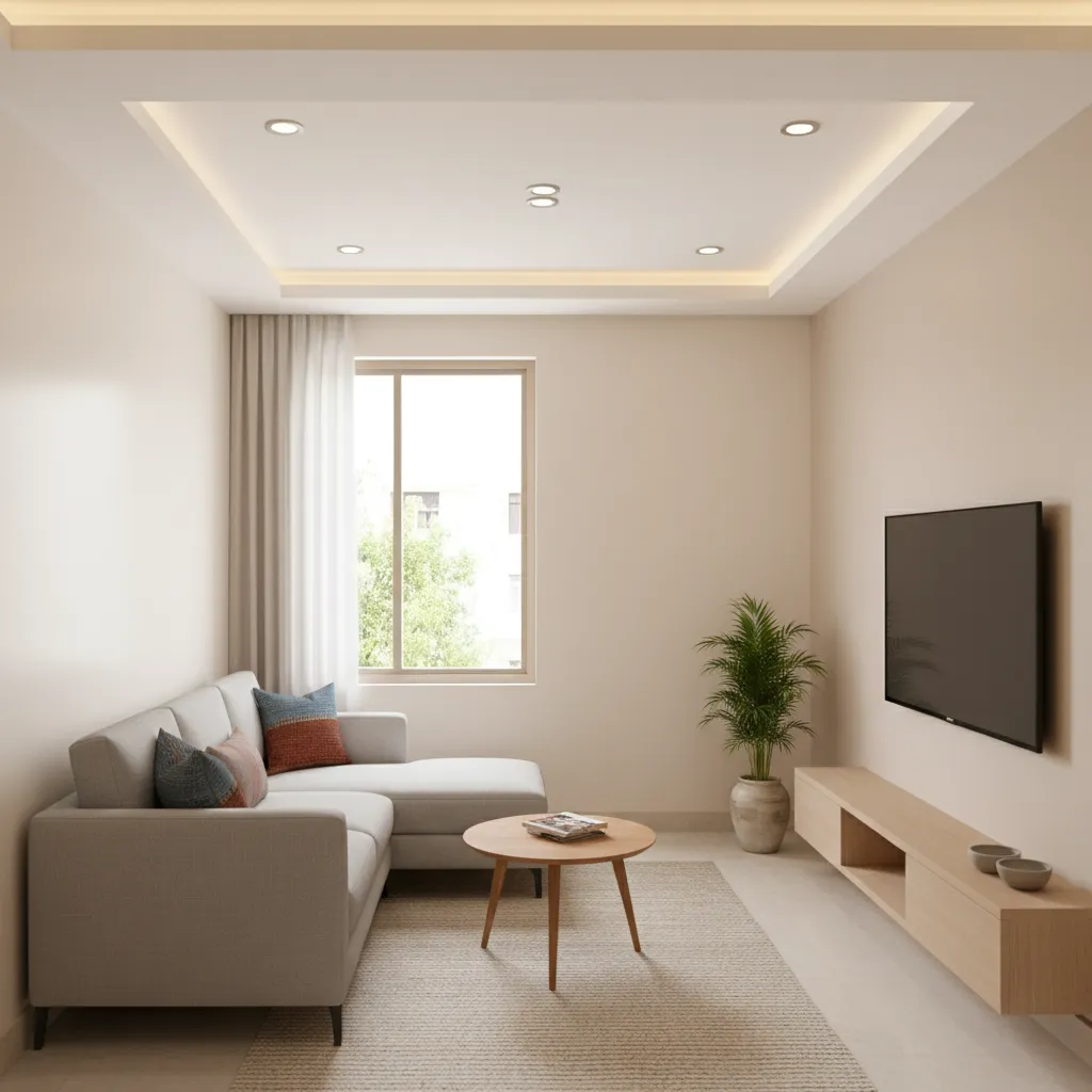 Small Indian living room with simple recessed false ceiling