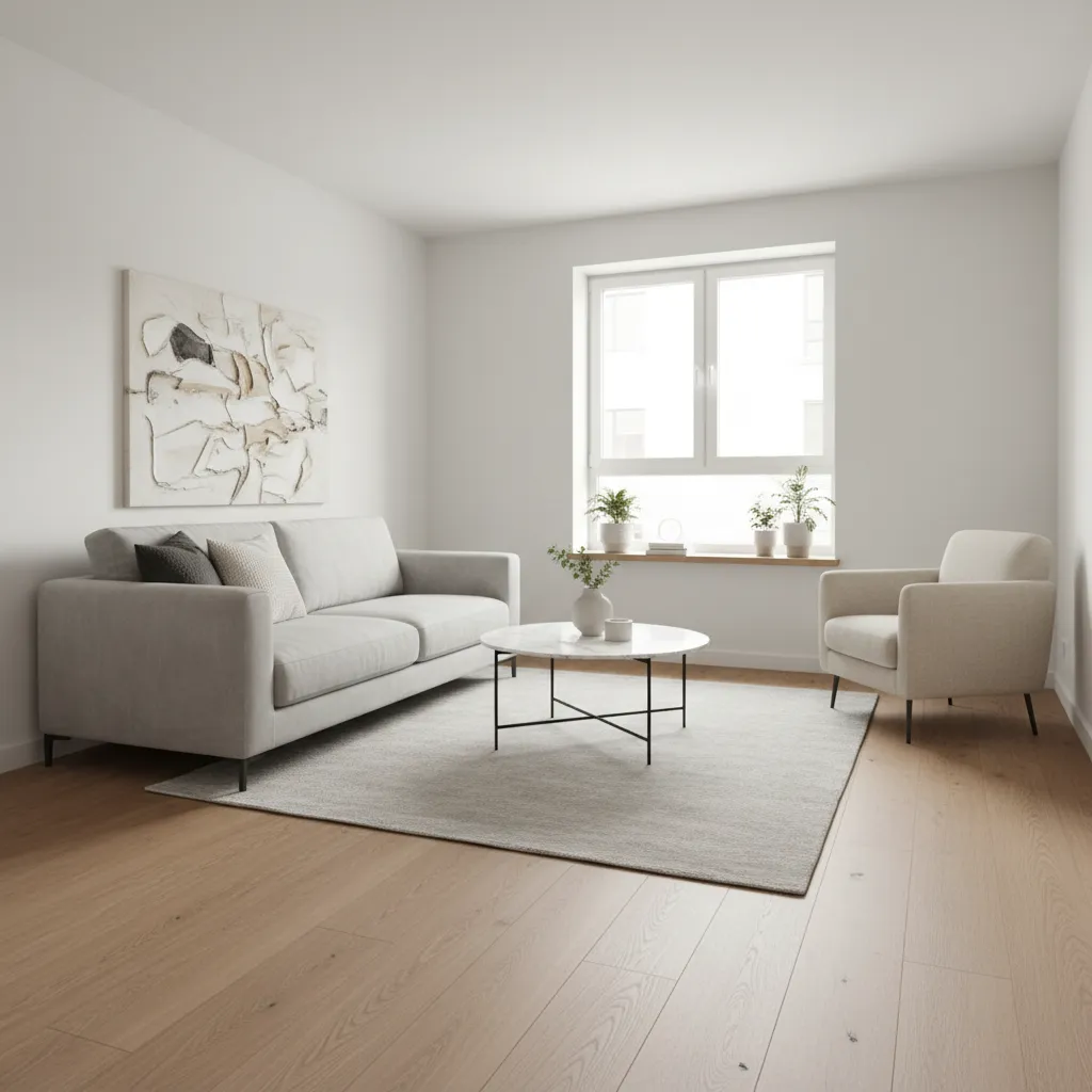 Small living room with sofa and compact chair arranged with clear walking space