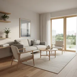 Bright modern living room featuring beige sofa wooden chairs round table rug plants and balcony