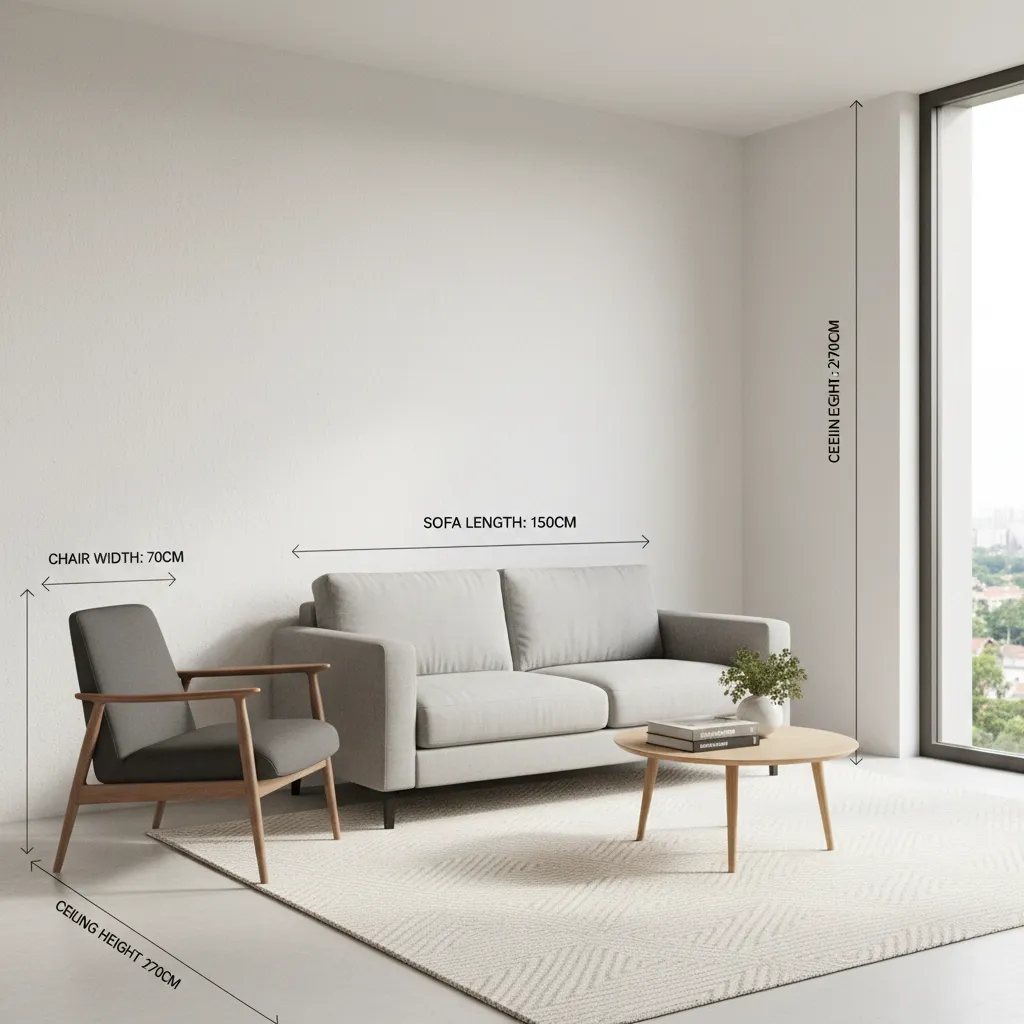 Comparison of compact chair size next to sofa in small living room