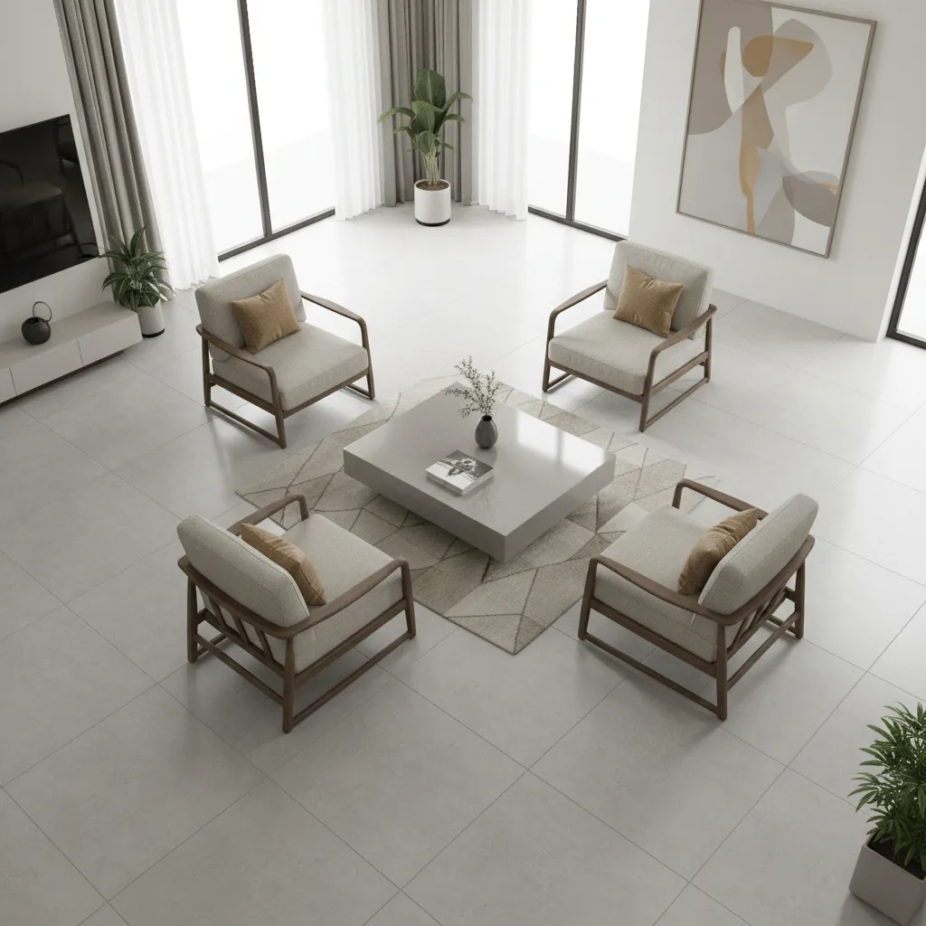Small living room layout demonstrating spacing between four chairs