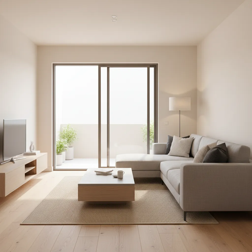 Small living room layout maintaining clear sightline to sliding glass door