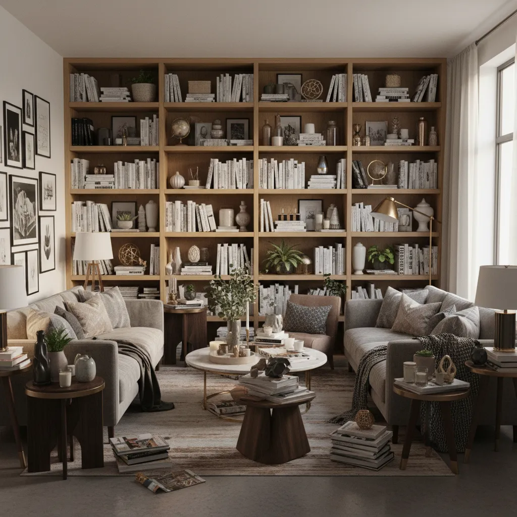 small living room with too many decorations and visual clutter