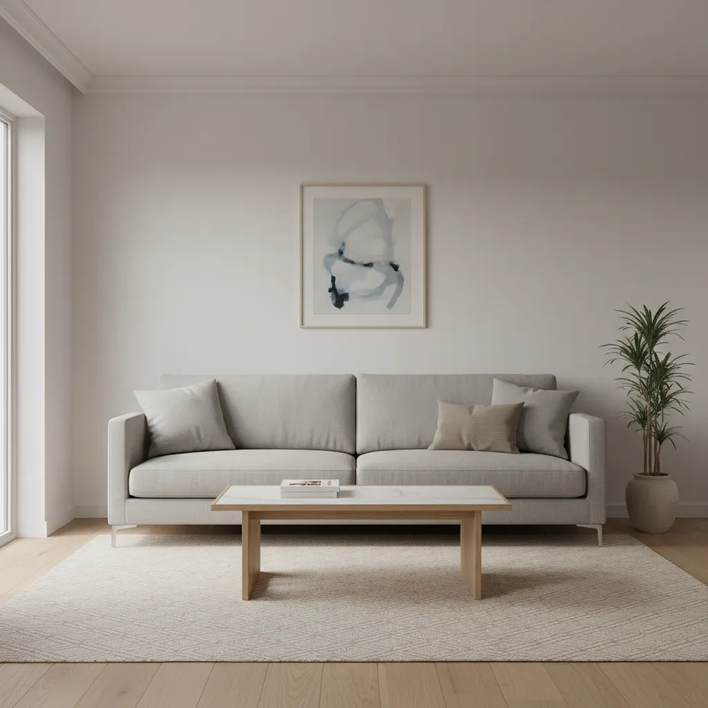 small living room sofa with correctly sized coffee table showing balanced proportions