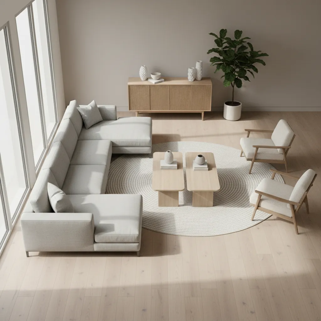 Living room layout showing proper spacing between sofa and two coffee tables