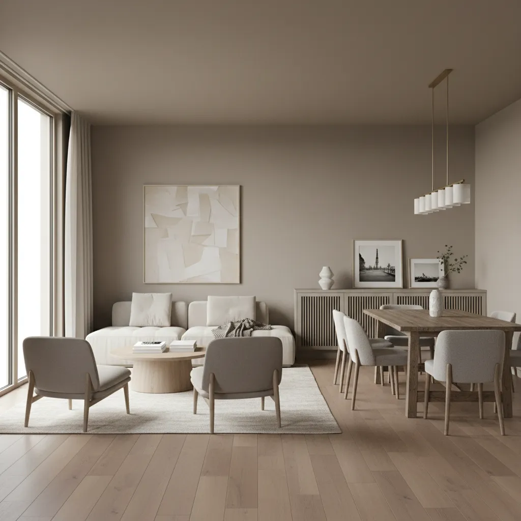 Small open living room with cohesive color palette connecting spaces