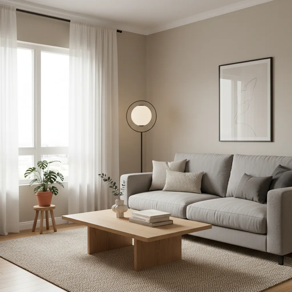 Small living room showing balanced neutral palette with light sofa and soft decor