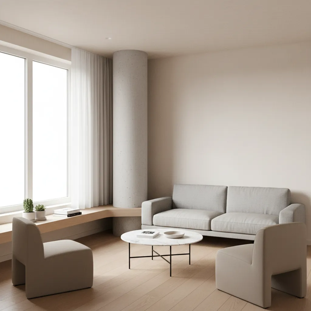 Small apartment living room with central structural column integrated into design