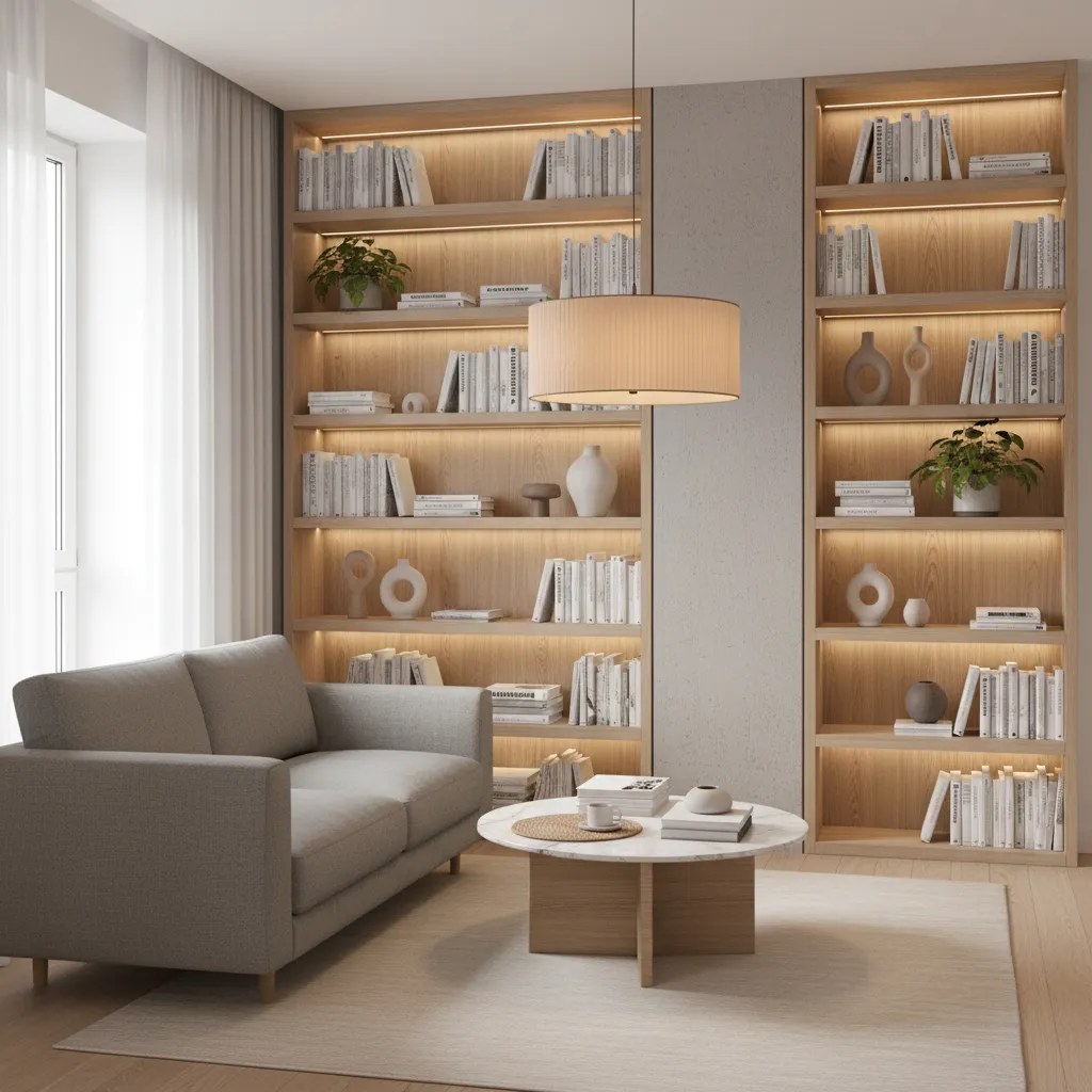 Small living room with shelving and storage built around a structural column