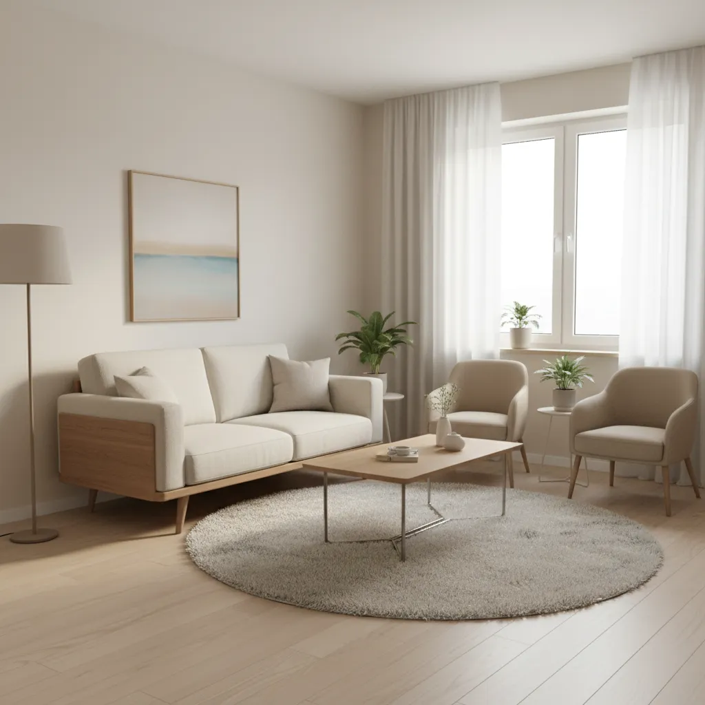 Small living room with compact loveseat and minimalist layout