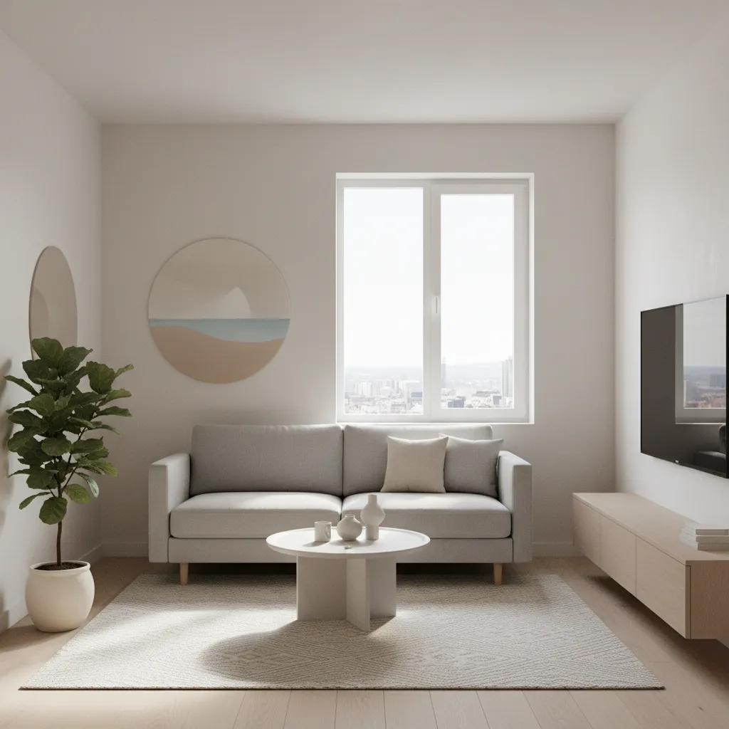 Small living room with compact sofa and minimal furniture layout