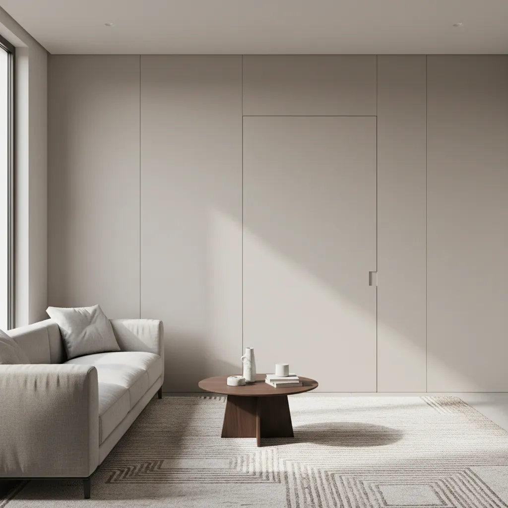 Small living room with hidden bathroom door blended into wall panels