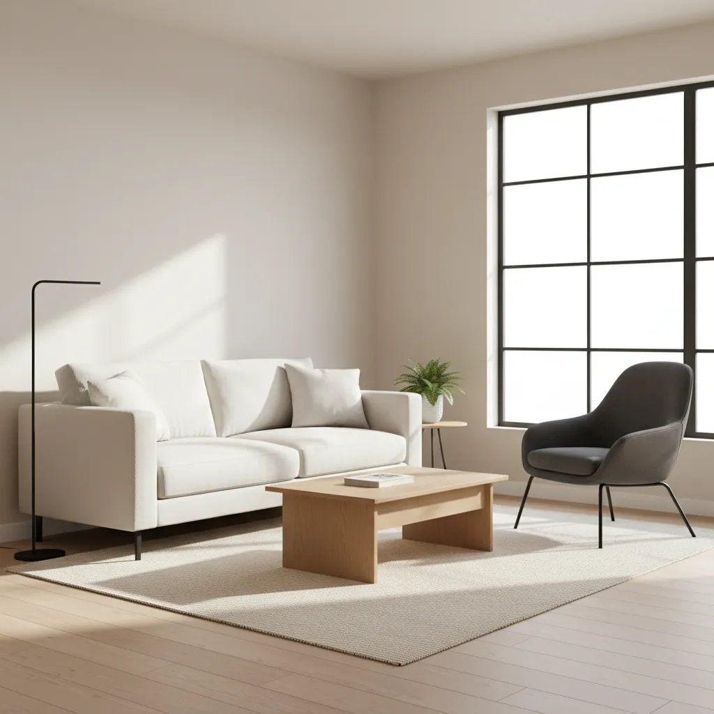 Small living room with white sofa and subtle darker accent chair showing balanced contrast