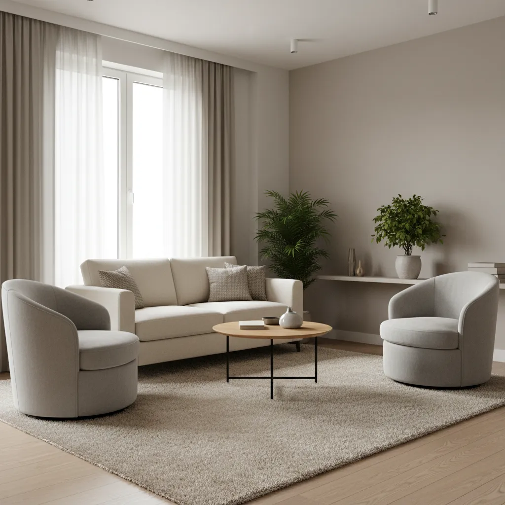 Small living room conversation area with swivel chairs and sofa around a table